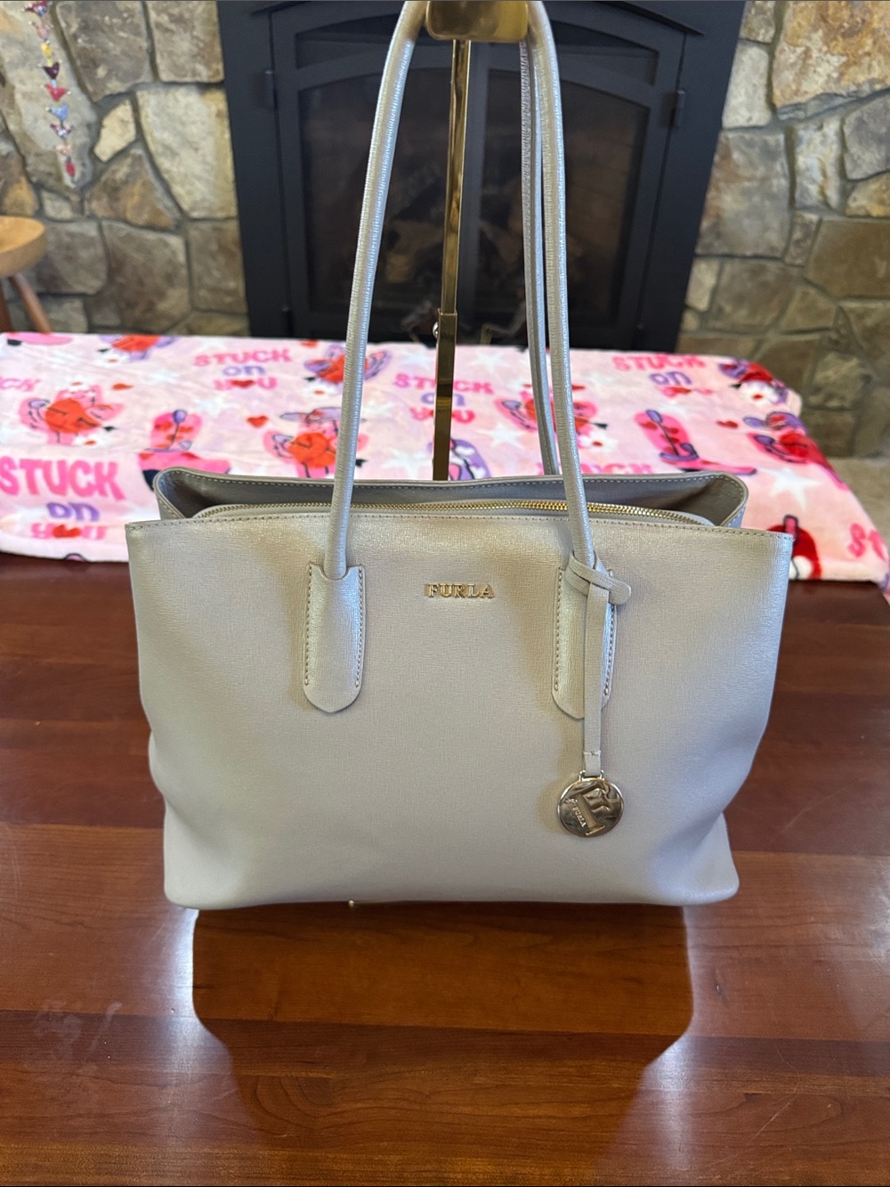 Furla Large Gray Saffiano Leather 3-Compartment Structured Bag, Silver Hardware
